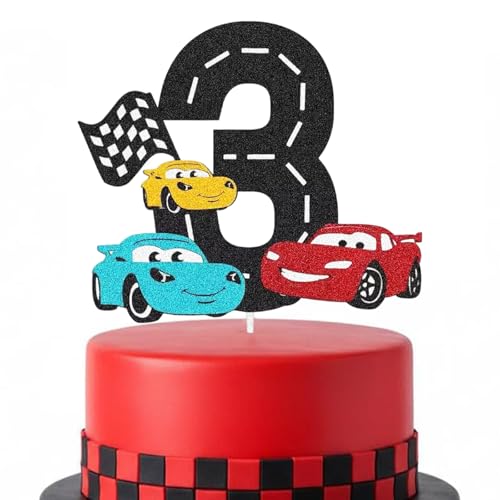 Décoration de Gâteau Voiture de Course, Accessoire en Papier Rouge et Noir avec Drapeau à Carreaux pour Fête, Insert Paillettes Anniversaire Trois Ans