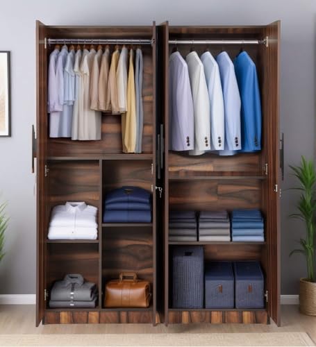 Image of Mintwud Pepperfry Engineered Wood Wardrobe with 4 Doors Storage and 2 Hanging Rod | Wooden Almirah Cupboard for Clothes Storage Organizer for Living Room Home Bedroom Furniture (Brown Finish)