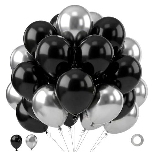 Image of Black and Silver Balloons Set, 65 Pcs 12 Inch Latex Balloons with Ribbon | Thick Durable ,Easy to Inflate,Metallic Silver and Black Balloons for Birthday Wedding Anniversary Halloween bachelor party