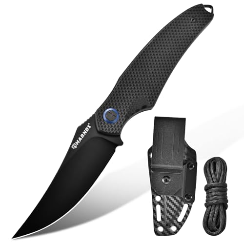 Harnds Shark Outdoor Knife Fixed Blade with Kydex Sheath D2 Steel Blade Ideal Camping Premium Survival Bushcraft (Black - Black Titanium)