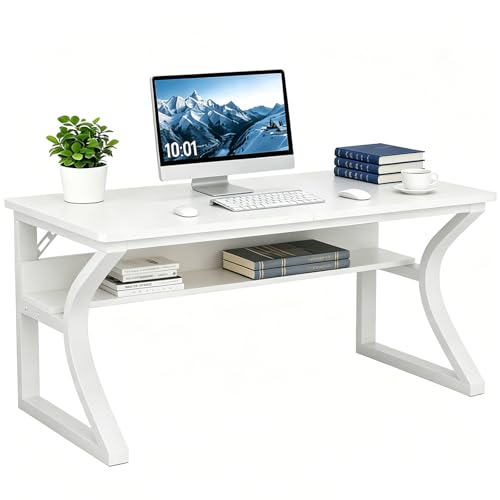 Image of 47 inch Computer Desk, Home Office Desk with Storage Shelf, Sturdy U-Shaped Metal Frame Study Table with Cable Management, Gaming Desk for Office & Bedroom (White, 47inch)