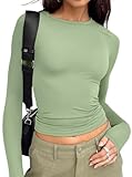 Trendy Queen Womens Long Sleeve T Shirts Fall Fashion 2025 Basic Crop Tops Going Out Workout Outfits Y2k Clothes Light Green S