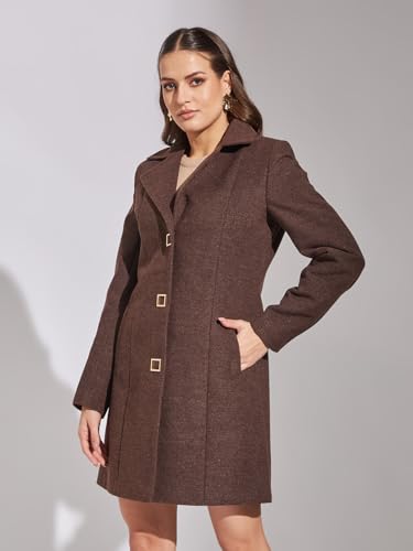 Image of Latin Quarters Women's Brown A-Line Lapel Collared Casual Solid Coat