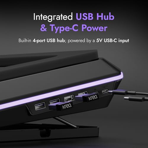 Image of Kreo Arctik Pro Laptop Cooler Pad Dual 125mm Fans, 3000 RPM, 7-Way Adjustable Cooling Pad with RGB Lighting, USB-C Powered, Built-in USB Hub (Arctik Pro)