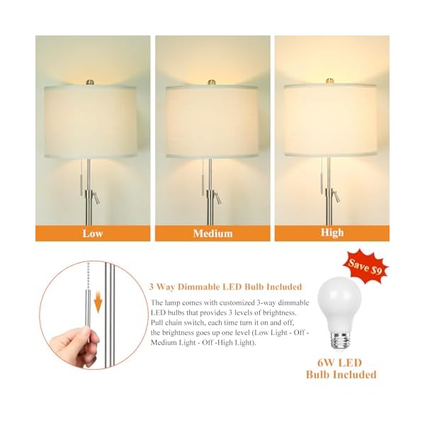 Brushed Nickel Floor Lamp for Living Room, Adjustable Height Standing Lamp with Metal Base, 3-Way Dimmable Tall Pole Light with White Linen Shade for Bedroom, Pull Chain Switch, 6W LED Bulb Included - Image 4