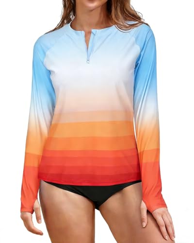 Image of SHEKINI Rash Guard for Women UPF 50+ Long Sleeve Swim Shirts 1/4 Zip Sun Protection Tops with Thumb Hole, Blue Orange Gradient, Medium