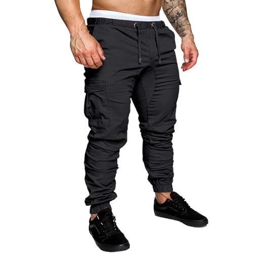 Pantalones de lino de algodón liso para hombre, con cordón, cintura elástica, pierna recta, pantalones de trabajo duraderos con botón y cremallera, pantalones de trabajo para hombre, Negro, 5XL