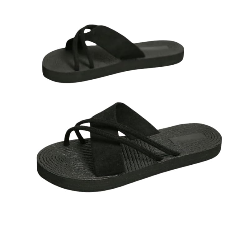 Women'S Fashion Trend Simple Pure Black Lace-Up Non-Slip Breathable Flat Slippers