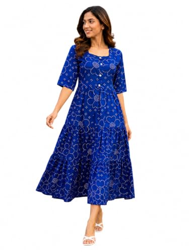 MATIRAAG Bandhani Printed Blue Cotton Midi Dress Square Neck A-Line Tiered Dress with Half Sleeves Casual Summ
