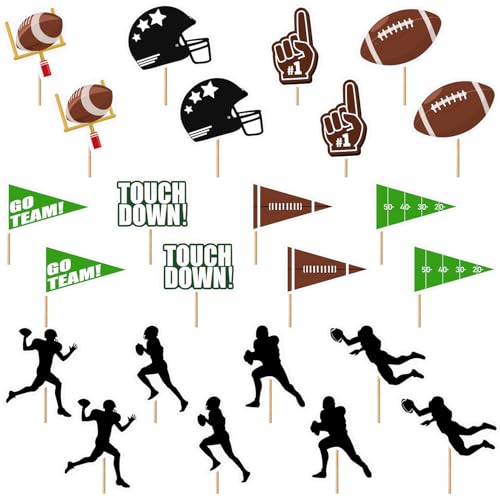24PCS Football Cupcake Toppers Football Flag Touchdown Wooden Food Picks Disposable Foot Ball Themed Cocktail Picks for Sports Theme Party Decorations 2026 Birthday Game Day Party Supplies