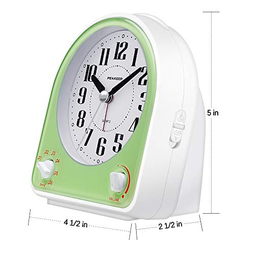 Peakeep Analog Alarm Clock Non-Ticking Silent, Optional 7 Wake-Up Sounds With Volume Control, Nightlight And Snooze, Aa Battery Operated (Green) #TOP5