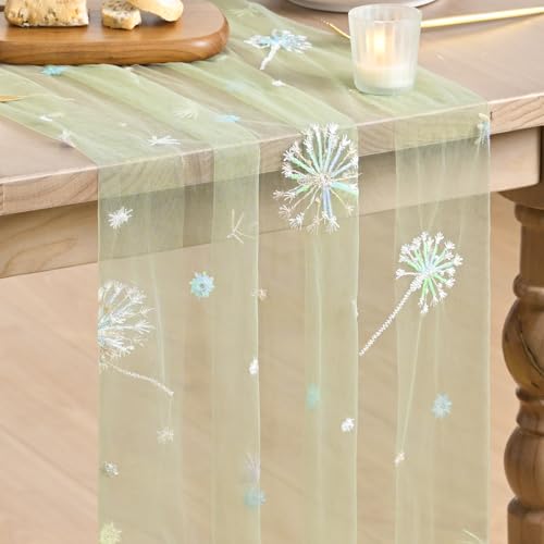 Artoid Mode Sequin Dandelion Floral Green Gauze Embroidery Table Runner 120 Inch 10FT, Tulle Spring Kitchen Dining Holiday Table Decor for Home Party