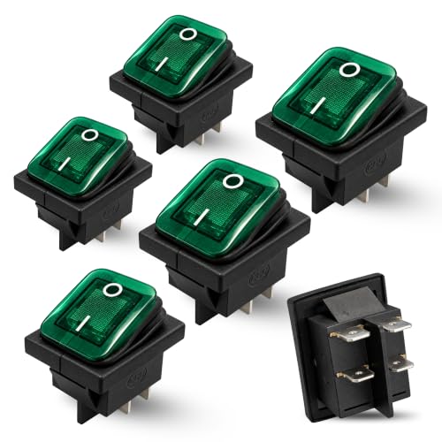 Interruptor Basculante DPST ON/OFF 4 pin, Luz Verde, 5 Unidades