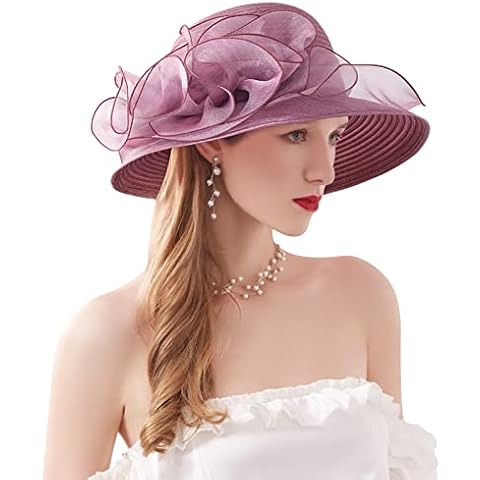 ELLYDOOR Women Kentucky Derby Hat Organza Bucket Sun Hat Wide Brim Fascinator Bridal Wedding Tea Party Hat, Rose,purple, One Size Cover