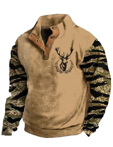 Men's Casual Vintage Camouflage Elk Button-Up Sweatshirt Camo Hunting Clothes