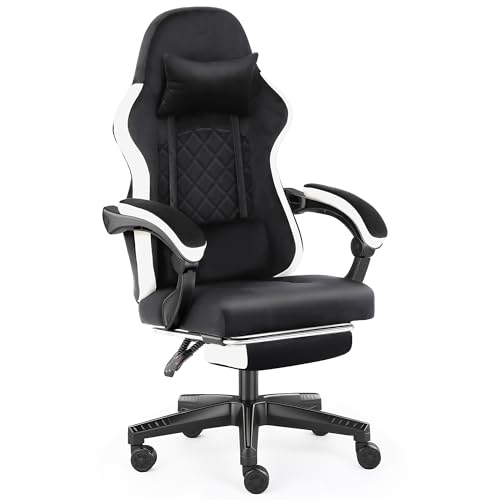 AUNEK Silla Gaming con Reposapiés y Soporte Lumbar, Reclinable hasta 140°, Tela Flannel Transpirable, Altura Ajustable, Cojín Cervical, Silla Gamer para Oficina y Hogar (Negro)