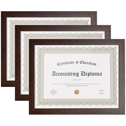 Image of KTKDE 8.5x11 Picture Frame set of 3, Certificate Document Frame Diploma Frames Walnut, Poster and Photo for Wall Hanging or Tabletop with Shatter Resistant Plexiglass Home Decor best gift