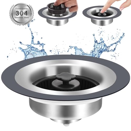 Upgraded 3 in 1 Kitchen Sink Drain Strainer and Stopper, Stainless Steel Kitchen Sink Shroom, Anti-Clogging Basket Strainer with Foldable Handle, Food Catcher for Standard 3-1/2 Inch Drain (1)