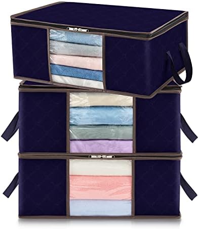 Lifewit Clothes Storage Bag Foldable Storage Bin Closet Organizer with Reinforced Handle Sturdy Fabric Clear Window for Sweaters, Coats, T-shirts, Blankets, 3 Pack, 35L, Dark Blue