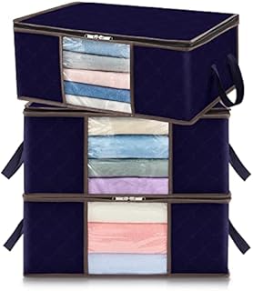 Lifewit Clothes Storage Bag Foldable Storage Bin Closet Organizer with Reinforced Handle Sturdy Fabric Clear Window for Sweaters, Coats, T-shirts, Blankets, 3 Pack, 35L, Dark Blue