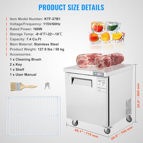 Image of VEVOR 28 inch W Commercial Freezer Worktop, 7.4 Cu. Ft Undercounter Freezers with /Casters, <0~-8℉>Defrost Frozen Prep Table, Single Door Stainless Steel Food Frozen Prep Station for Restaurant, Diner