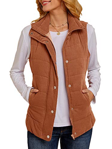Foshow Womens Corduroy Quilted Puffer Vest Jacket Sleeveless Lightweight Padding Zip Up Vests Outerwear with Pockets