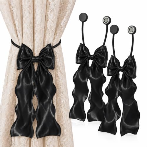 2PCS Strong Magnetic Black Bow Curtain Tiebacks, Coqueta Lace Ribbon Curtain Holdbacks, Adjustable Drapery Clips for Home Decor, for Bedroom, Living Room, for Window, Wedding,Party