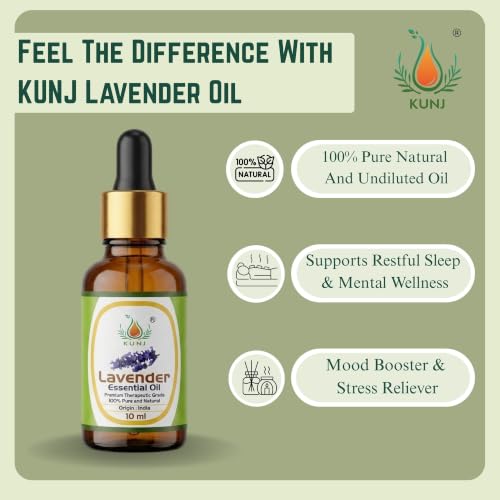 Image of KUNJ Lavender Essential Oil 10ml - 100% Pure & Natural Steam Distilled Oil for Sleep Support, Stress Relief, Relaxation, Aromatherapy, Diffuser & Skin Care