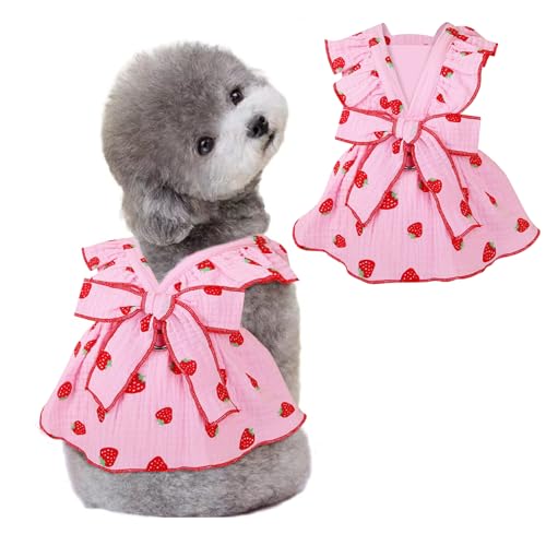 Dog Dresses for Small Girls, 100% Cotton Clothes With Leash Ring & Bow Decor, Cute Strawberry Print, Summer Cat Dresses (Pink, Small)