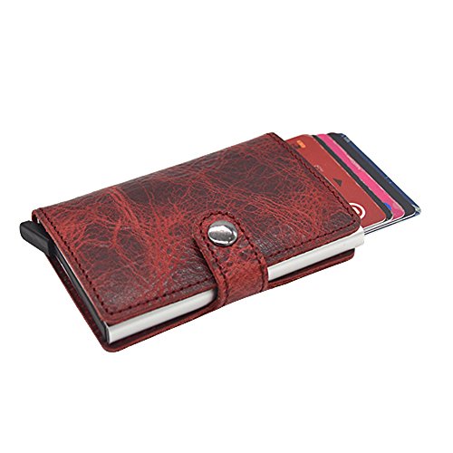 Image of HONB RFID Slim Wallet Minimalist Credit Card Holder For Women (Red Genuine Leather)