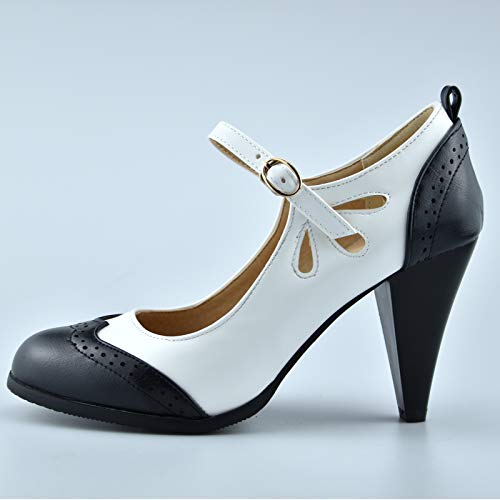 Mekereke Womens Black Retro Mary Jane Oxford High Heels Pumps Shoes For Women Teardrop Cutout Round Toe Pierced Strappy Oxfords Mary Janes High-Heel Pump Shoe(8) #TOP2