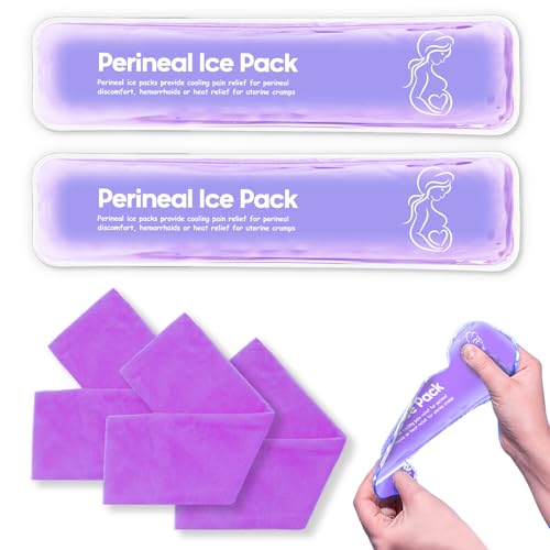 Paquetes de hielo perineal reutilizable posparto, compresas frías para recupero del dolor de hemorroides, 2 almohadillas de gel + 3 mangas (morado)