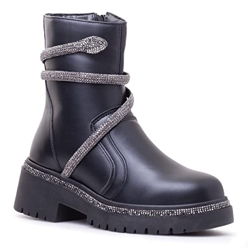 Bota Feminina Cano Curto Leve Macia Confortável Na Cor Preto Com Detalhe Cobra Strass Elegante Gener