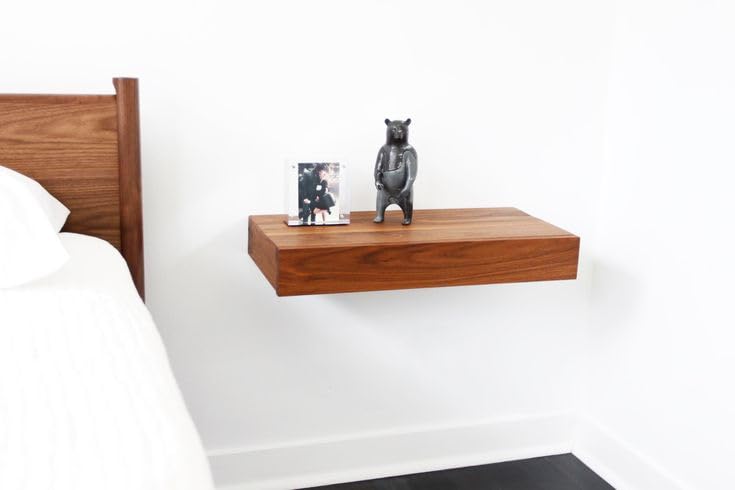 Image of Floating Wall Shelf, Modern Wooden Bedside Storage, Walnut Finish