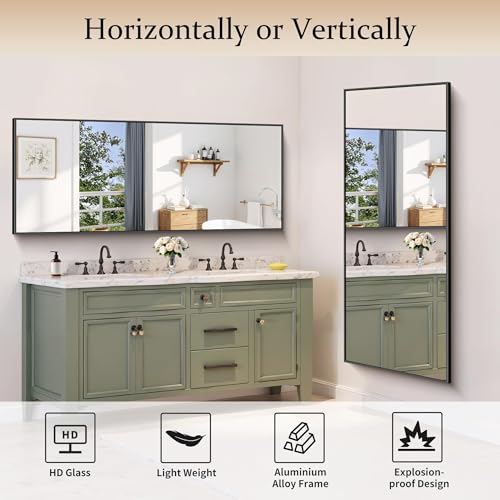 Image of COFENY Black Bathroom Mirror for Wall, 24x60 Inch Rectangle Mirror with Metal Frame, Modern Vanity Mirrors for Bathroom Living Room, Entryway Hangs Horizontal or Vertical