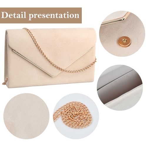 Shengxi Clutch Damen Umschlag Clutch Tasche mit Kette Elegant Abendtasche Kettentasche Crossbody Umhängetasche Damen Samt Unterarmtasche Handtasche für Hochzeit Wedding Prom Party (Beige)