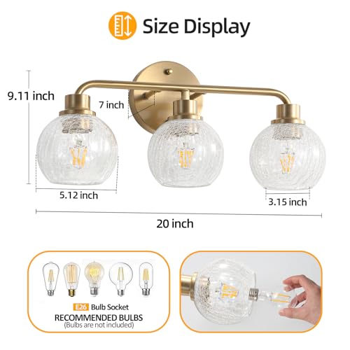 Image of Bathroom Light Fixtures Gold Vanity Light 3 Light Brushed Brass | Wall Sconces Lighting with Crackle Globe Glass Shades Bath Wall Lamp for Mirror Kitchen Living Room Bedroom Hallway