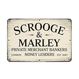 Vintage Scrooge & Marley Tin Sign, Private Merchant Bankers Metal Wall Decor, 8 x 12 inches, for Bar, Garden, Cave
