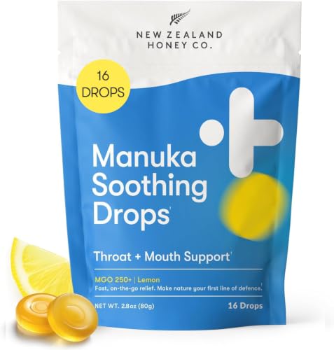 NEW ZEALAND HONEY CO. Manuka Honey Cough Drops MGO 250+ (16 Pack) Natural Soothing Throat Lozenges with Lemon for Sore Throat & Dry Mouth Relief Gluten-Free Non-GMO