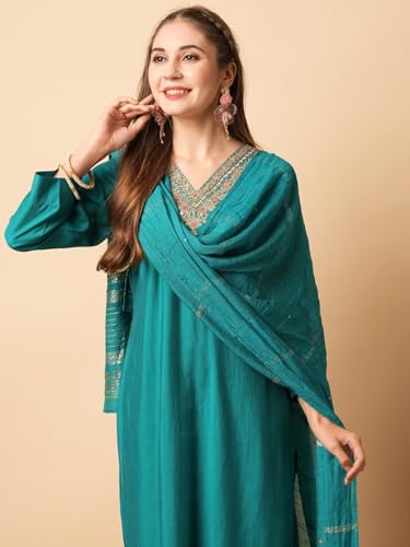 Image of Naixa Women's Chanderi Viscose Embroidered Straight Kurta with Pant and Dupatta Sets (NX-S-Amayra)