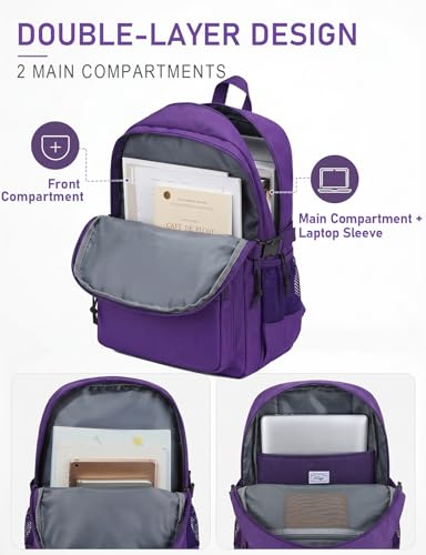 Image of Kasqo School Backpack, 20L Dual Compartment Bookbag for Girls Teens, Purple | 20L, Machine Washable, Water-Resistant, Fit 15.6 Inch Laptop, Dual Main Compartment, 8 Pockets, Side Compression Buckles
