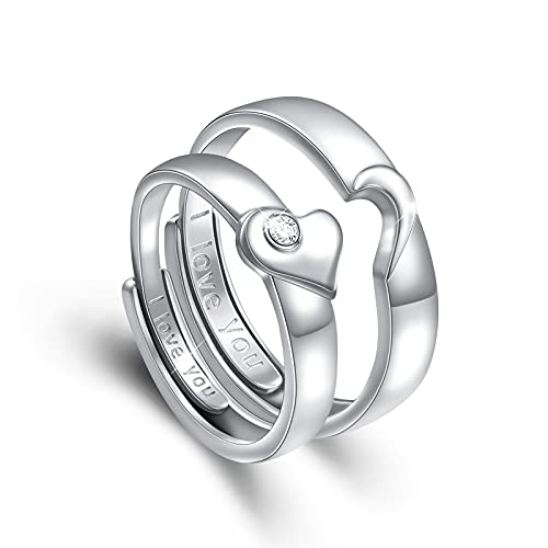 DAOCHONG 925 Sterling Silver Couple Rings Set Matching Heart Rings Promise Rings for Couples I Love You Band Ring Adjustable