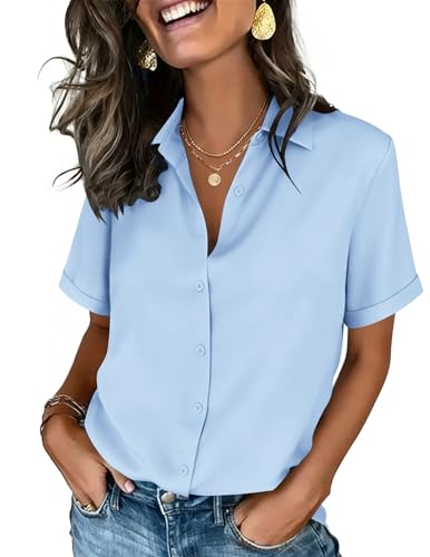 Image of Zeagoo Button Down Shirts for Women Short Sleeve Collared Tops Dressy Casual V Neck Blouses