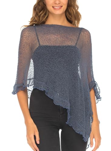 Image of SHU-SHI Women's Sheer Knit Poncho Shrug Lightweight Asymmetrical Ruffle Wrap Dressy Summer Shawl Cover Up Top