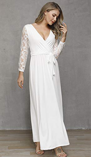 Women V Neck Faux Wrap Flowy Maxi Evening Dress Tie Waist Lace Long Sleeve Casual Dresses Ivory 2XL