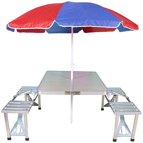 Outdoor Aluminium Portable Folding Camp Suitcase Picnic Table with 4 Seats and Umbrella (Multicolour)