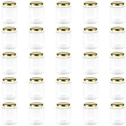 Encheng 6 oz Clear Hexagon Jars,Small Glass Honey Jars With Lids(Golden),Mason Jars For Herbs,Foods,Jams,Liquid, Canning Jars Spice Jar For Storage 25 Pack