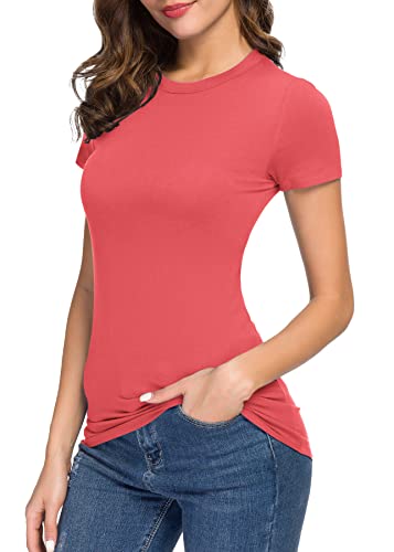Women's Crewneck Slim Fitted Short Sleeve T-Shirt Stretchy Bodycon Basic Tee Tops (L, Coral) #TOP2