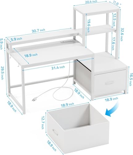 Image of GreenForest Computer Desk with Drawers and Monitor Stand, Home Office Desk with Storage Shelves, Small Gaming Desk with Power Outlets and LED Lights for Study Writing Working, 51 inch White