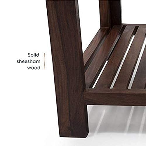 Image of Solid Sheesham Wood Modern Rectangular Coffee Table with Glass Top for Living Room with Bottom Storage Shelf /Glass Center Table for Sofa (Wooden)